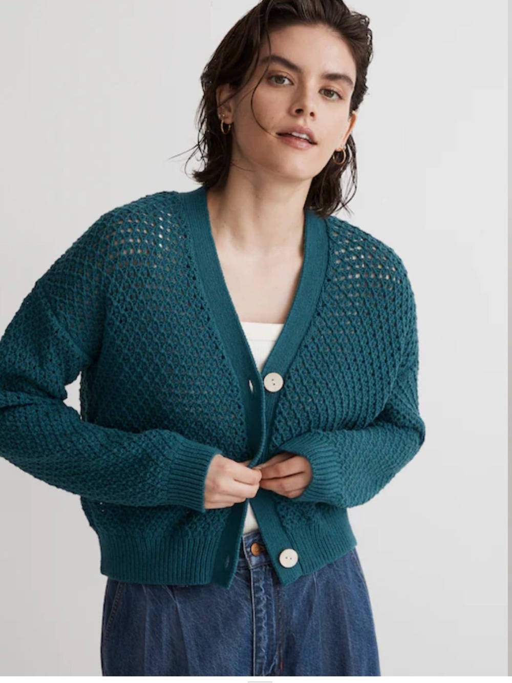 Open-Stitch Crop Cardigan Sweater